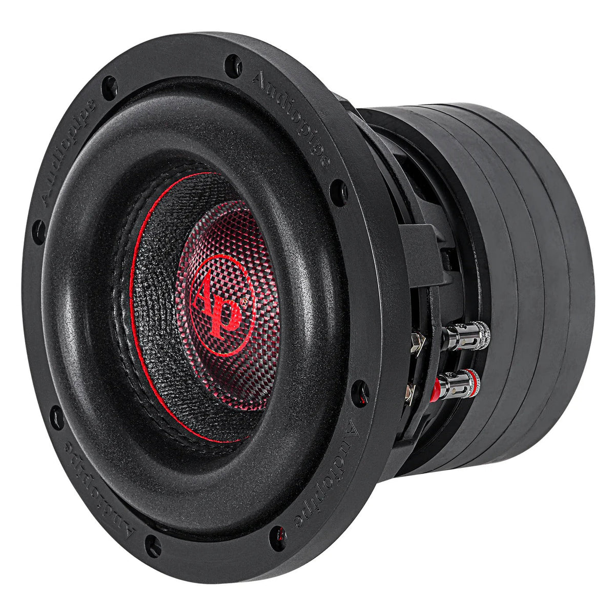 Black 6-inch quad stack subwoofer showing speaker terminals and red accent ring