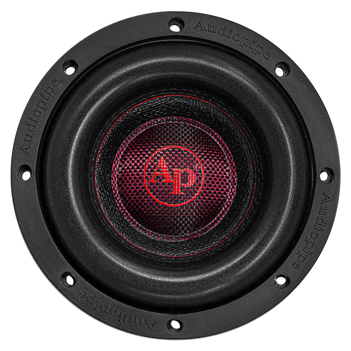 Black 6-inch quad stack subwoofer face with red ring and circular Audiopipe badge