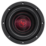 Black 6-inch quad stack subwoofer face with red ring and circular Audiopipe badge