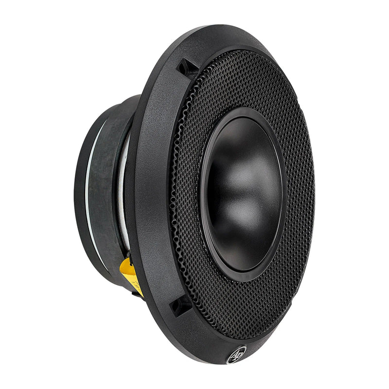 Black compression horn midrange speaker with mesh grille and round cone