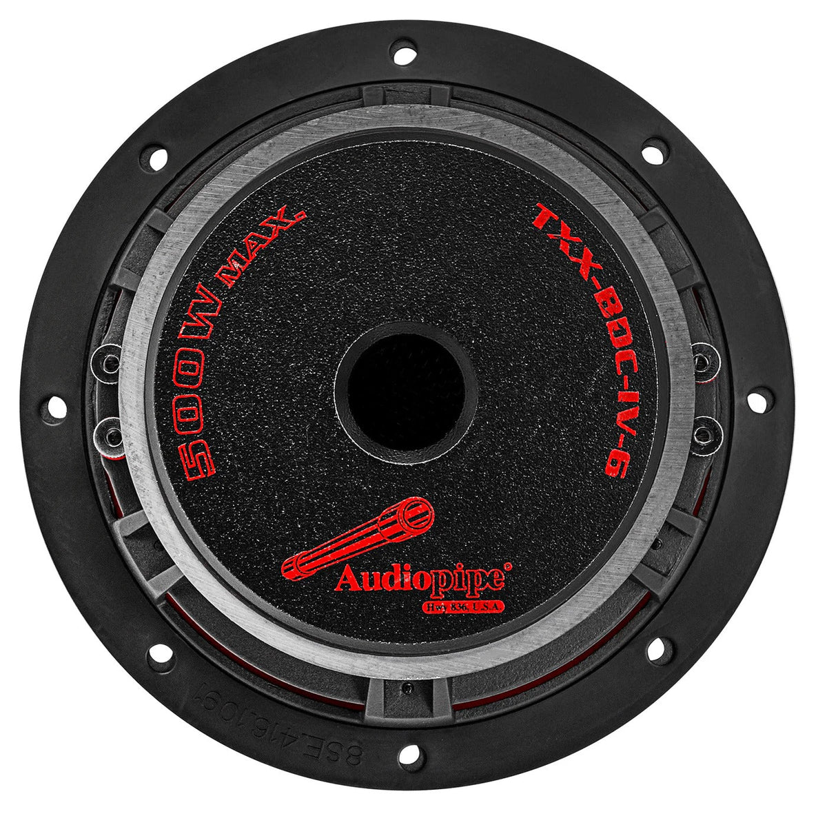 Black 6-inch quad stack subwoofer back plate with red Audiopipe and TXX branding