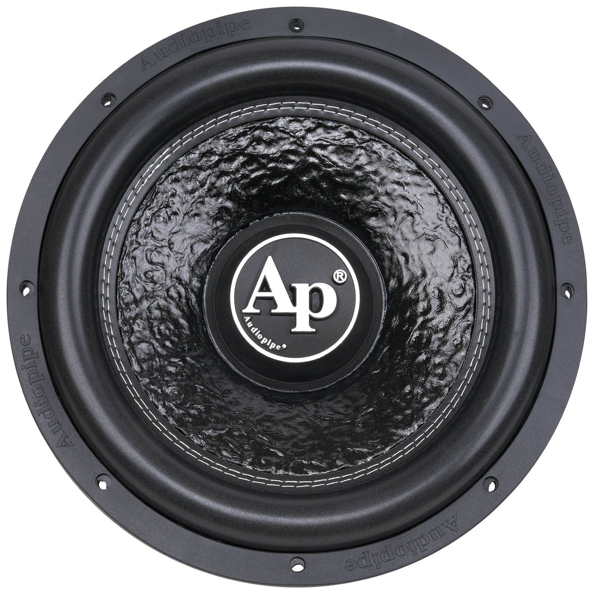 Black 12-inch subwoofer front view with Ap logo and stitched surround