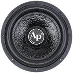 Black 12-inch subwoofer front view with Ap logo and stitched surround
