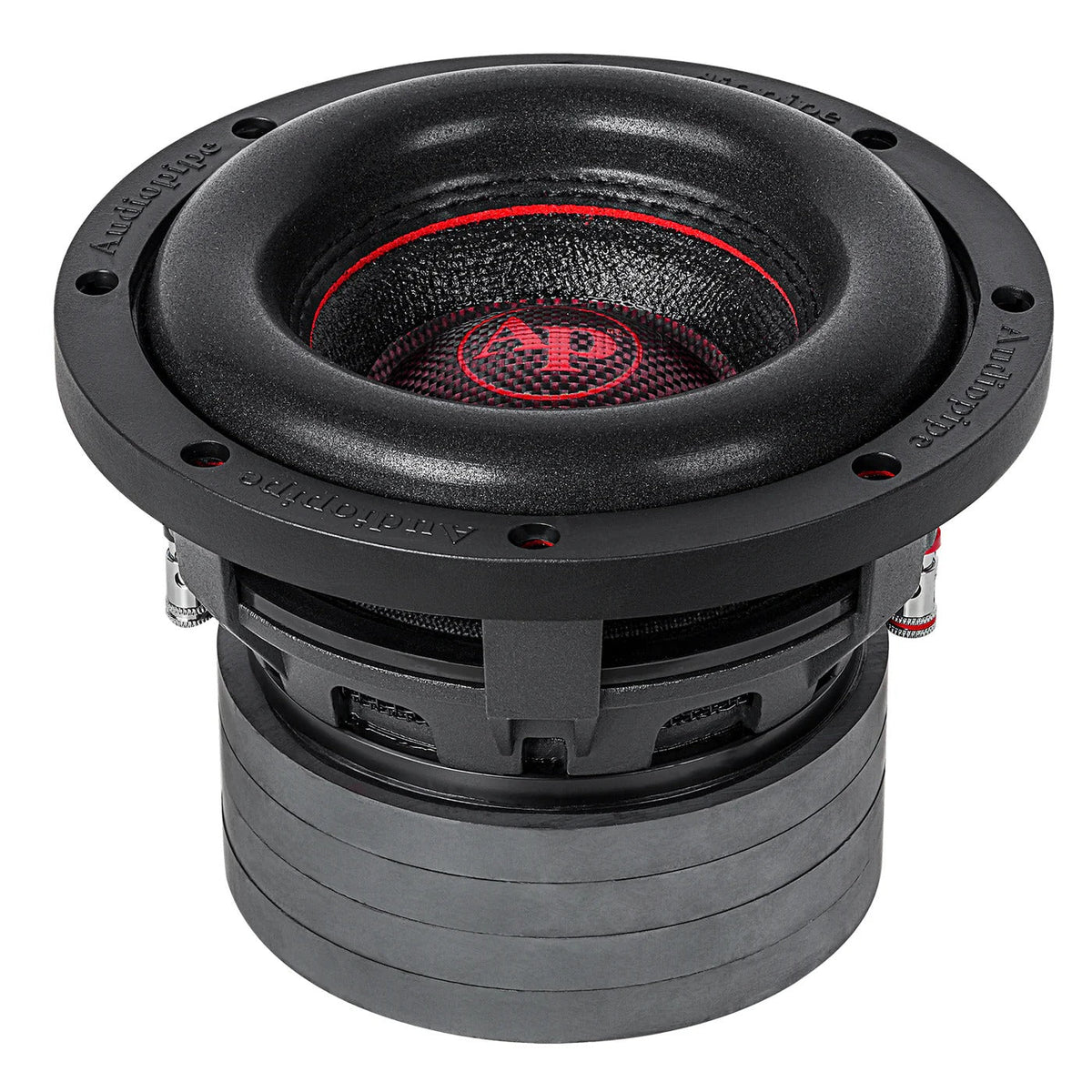 Black 6-inch quad stack subwoofer with red-lined cone and center Audiopipe logo