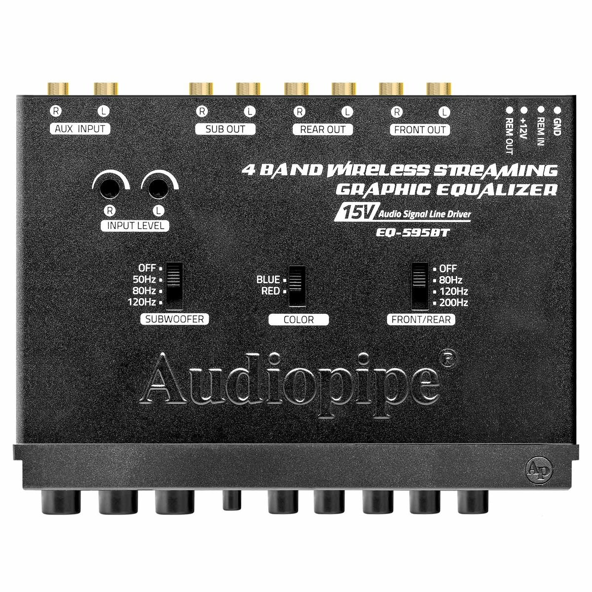 Black 4-band graphic equalizer front panel with gold connectors and input/output ports