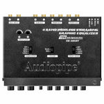 Black 4-band graphic equalizer front panel with gold connectors and input/output ports