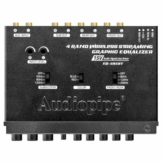 Black 4-band graphic equalizer front panel with gold connectors and input/output ports