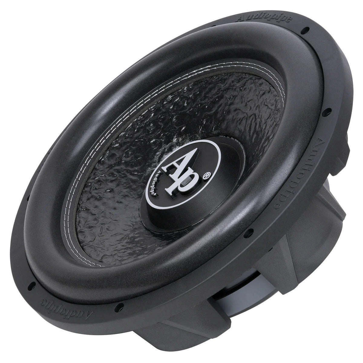 Black 12-inch shallow-mount subwoofer angled view with Ap center cap