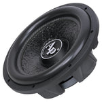 Black 12-inch shallow-mount subwoofer angled view with Ap center cap