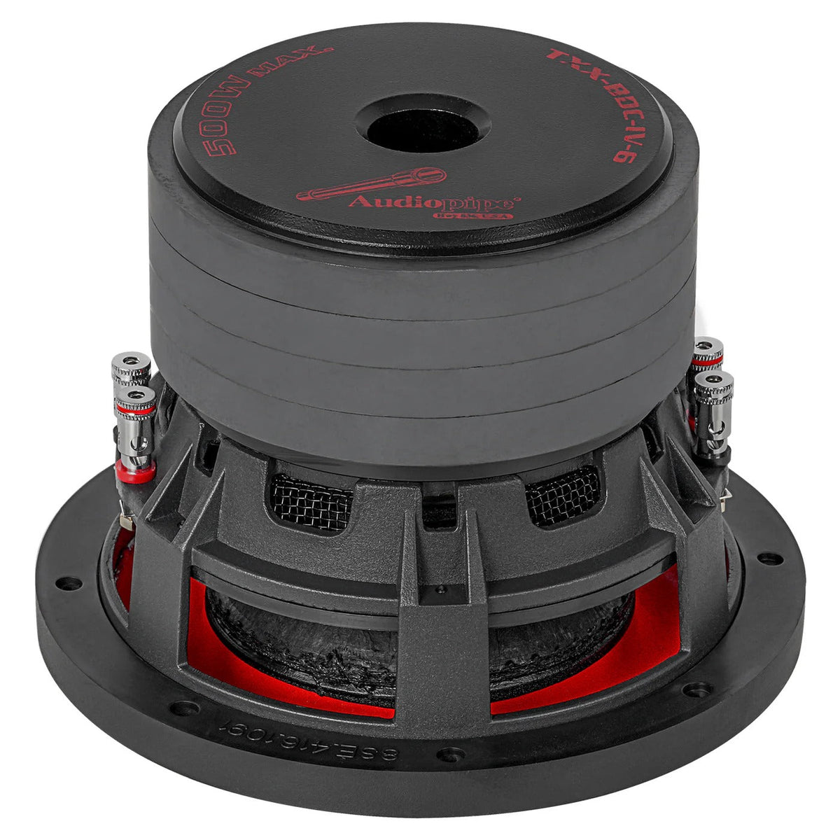 Black 6-inch quad stack subwoofer rear with exposed wiring and red coil
