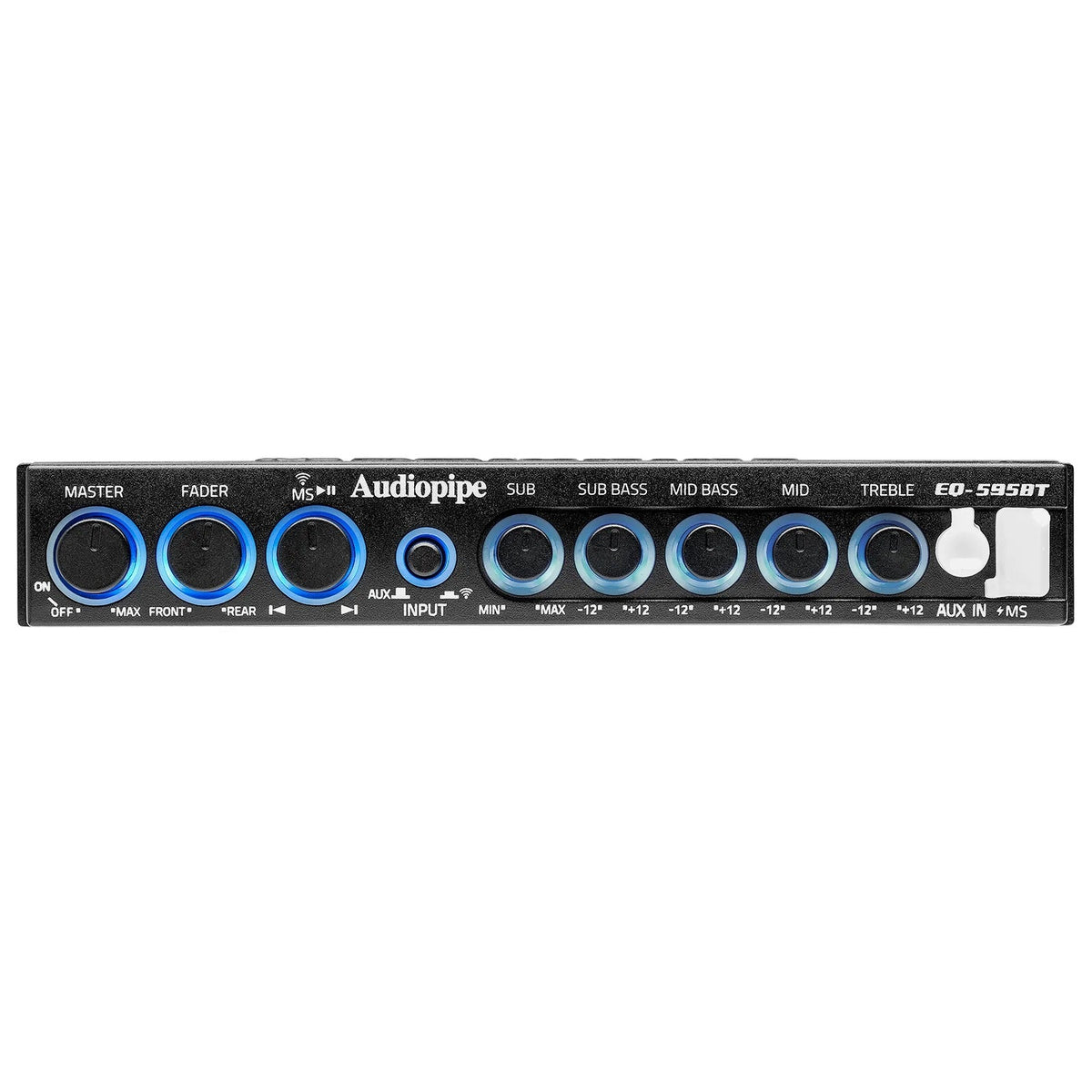 Black graphic equalizer front panel with multiple EQ knobs and blue LED rings