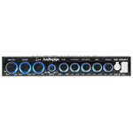 Black graphic equalizer front panel with multiple EQ knobs and blue LED rings