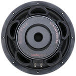 Black 12-inch subwoofer driver with gray center cap and red side labels