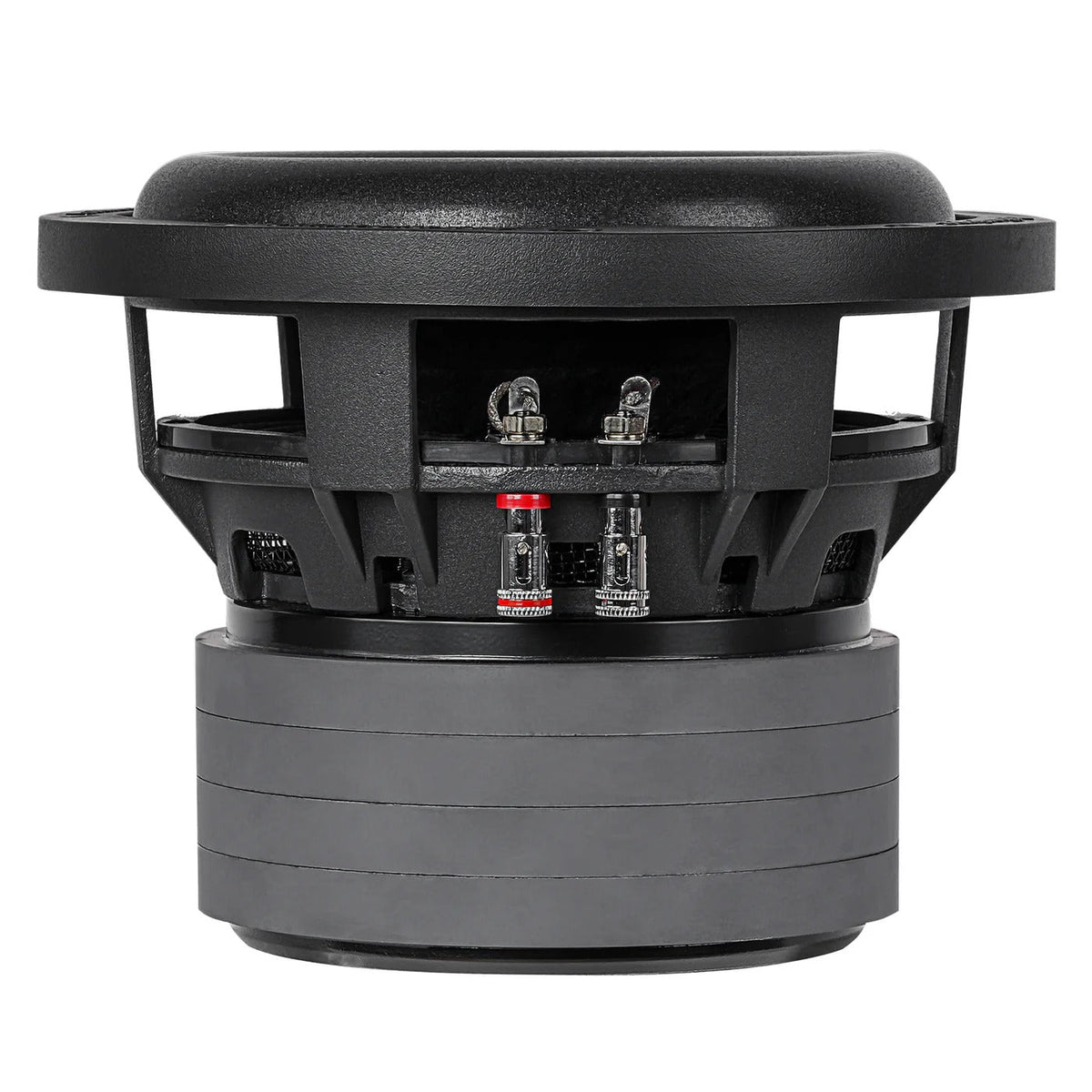 Black 6-inch quad stack subwoofer top cover removed, showing metal terminals