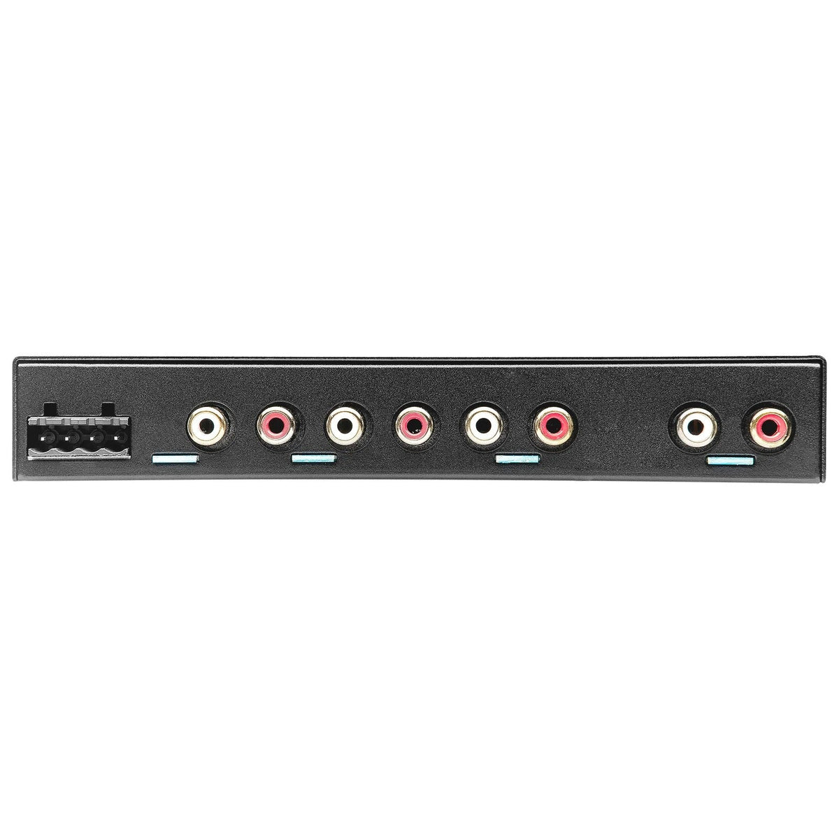 Black equalizer rear panel with RCA jacks and speaker terminal block