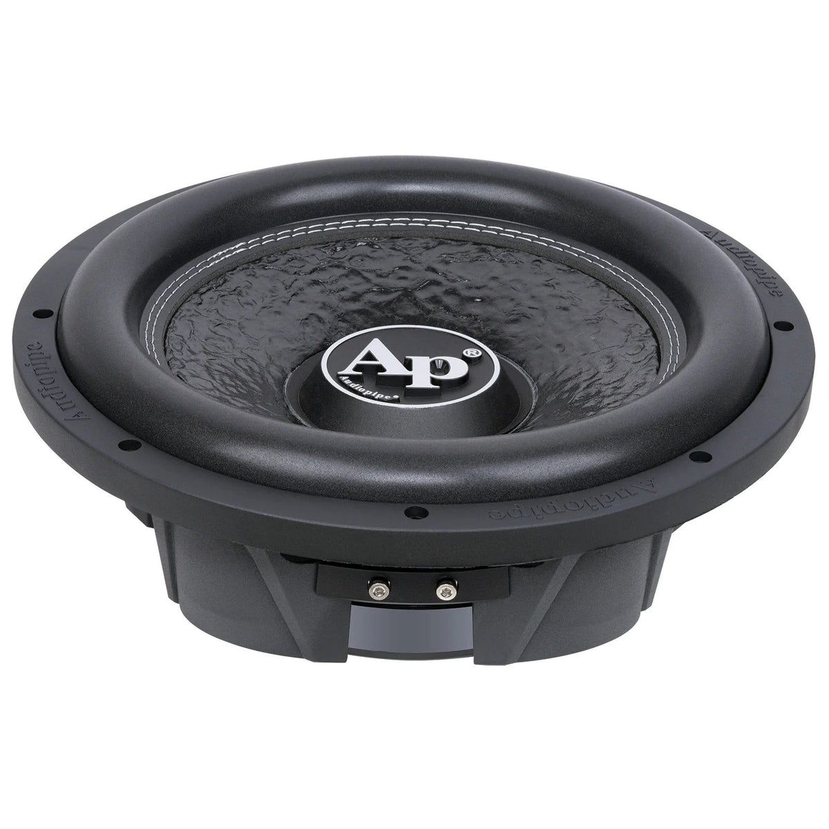 Black 12-inch shallow-mount subwoofer front with Ap logo on textured cone