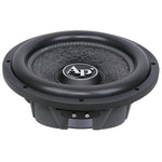 Black 12-inch shallow-mount subwoofer front with Ap logo on textured cone