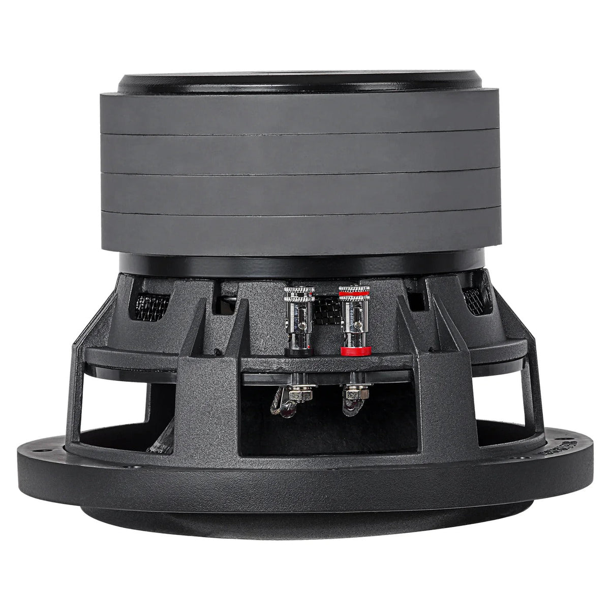 Black 6-inch quad stack subwoofer open frame with wiring and red connectors