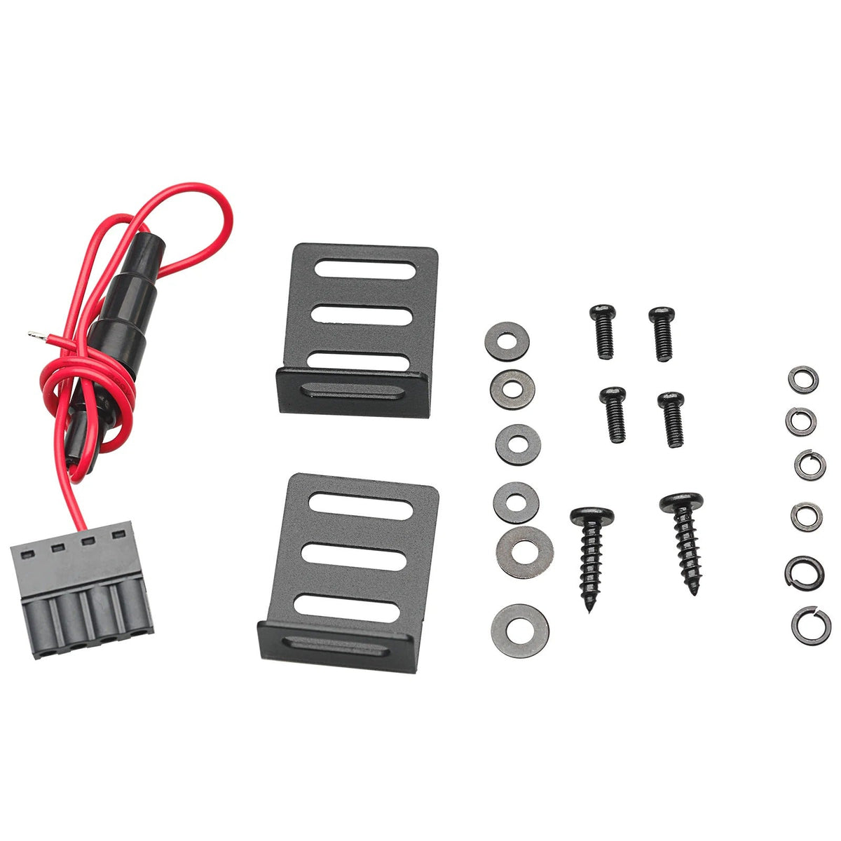 Equalizer installation hardware kit with wiring harness, brackets, screws, and washers