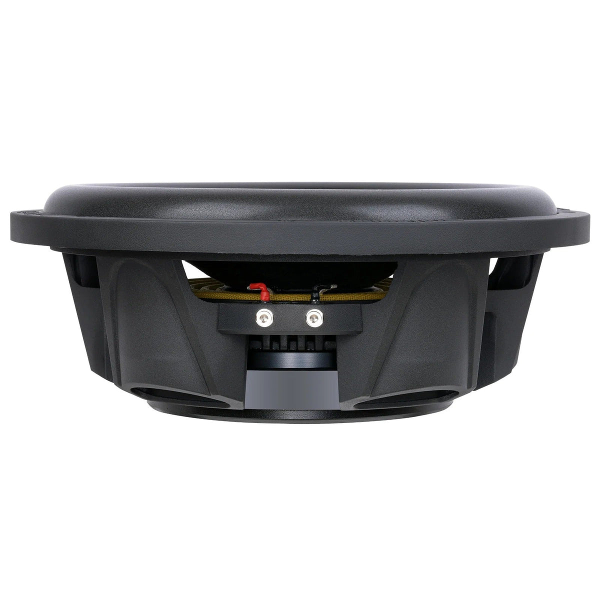Black shallow-mount subwoofer underside showing mounting area and terminals