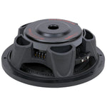 Black subwoofer back view with vented frame and exposed wiring connectors