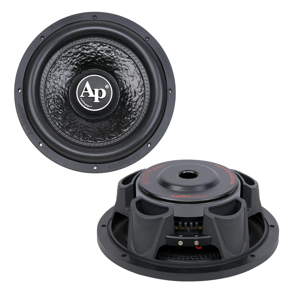 12-inch subwoofer front and rear views with Ap logo cone and mounting basket