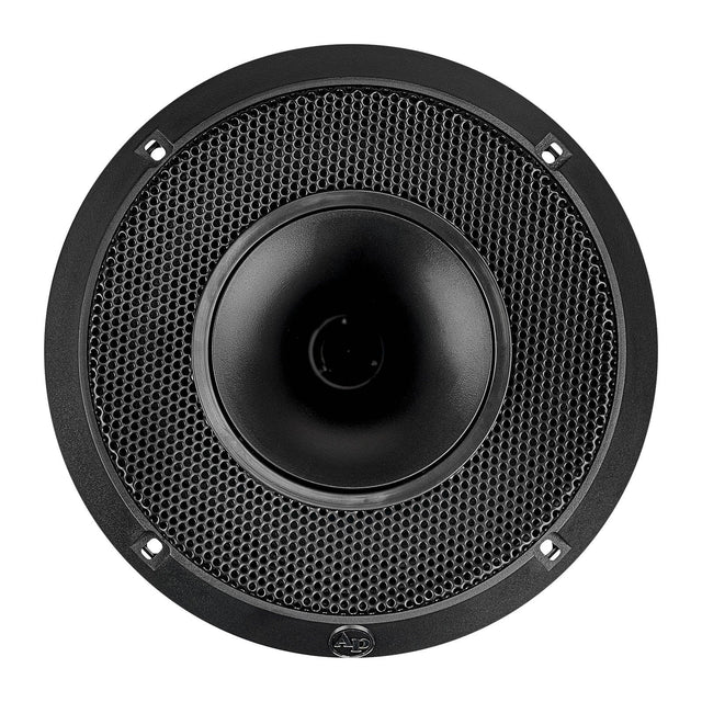 Black compression horn midrange speaker front view with mesh grille