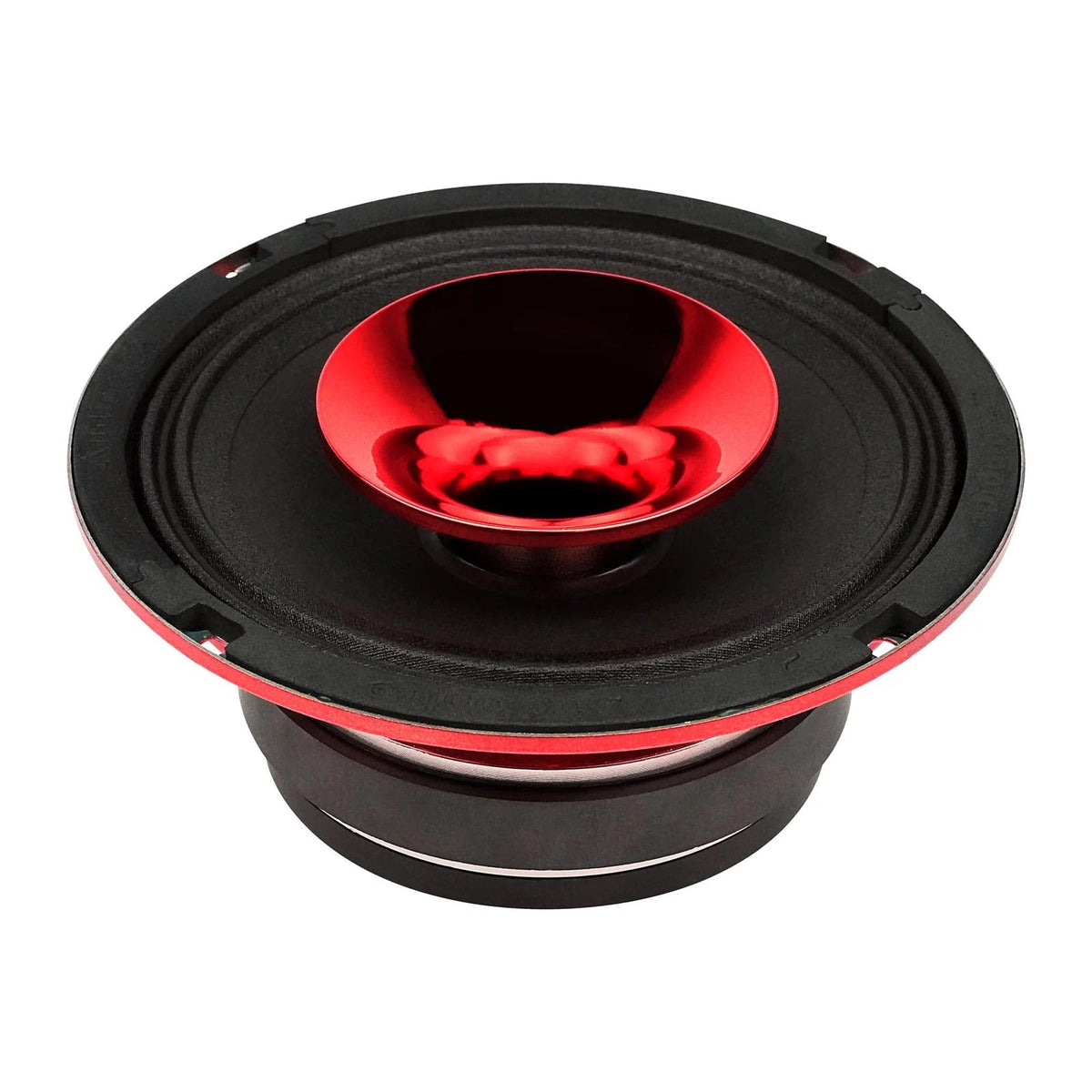 6.5-inch red compression horn midrange speaker, front view with cone and black surround