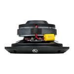 Black compression horn midrange speaker with exposed wiring and yellow capacitor