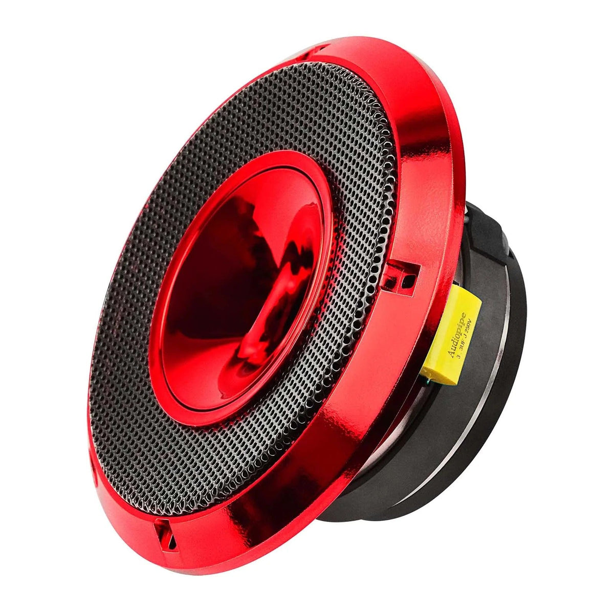6.5-inch red compression horn midrange speaker, angled side view with horn grille