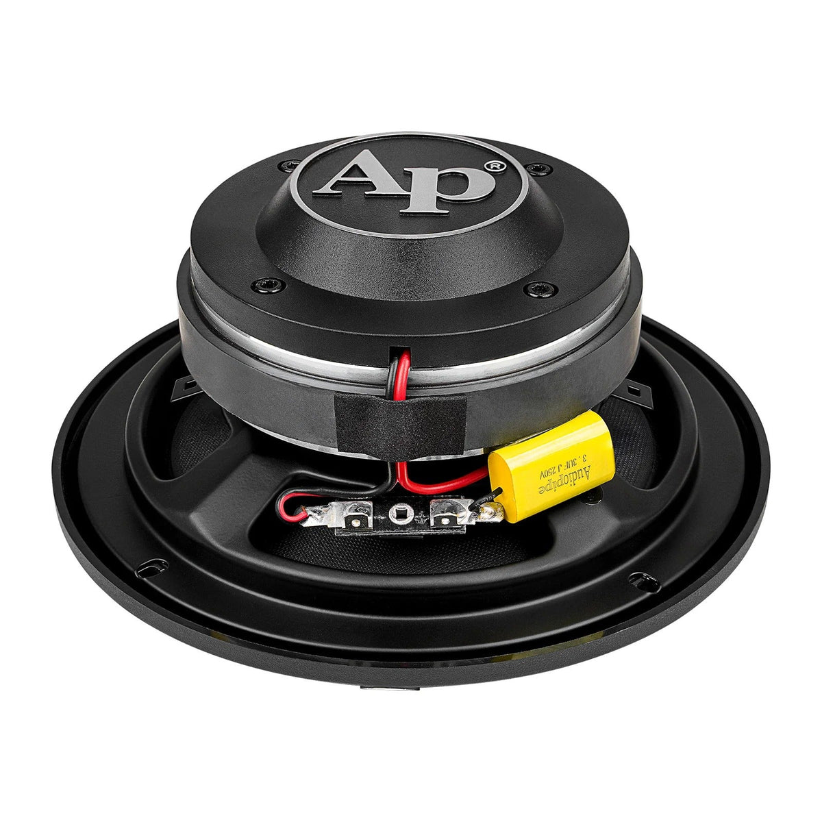 Black Audiopipe compression horn midrange speaker with AP logo and visible terminals