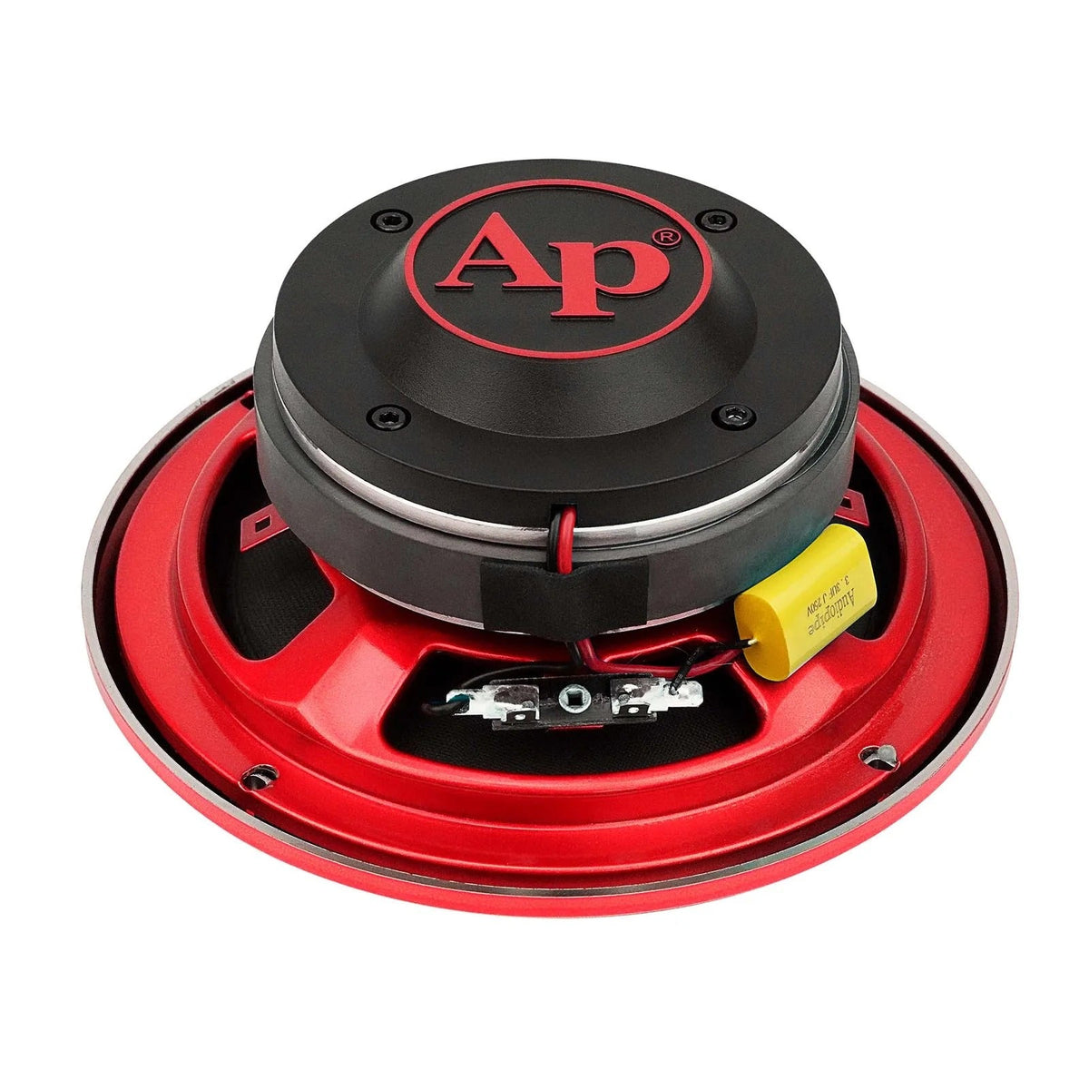 6.5-inch red compression horn midrange speaker, rear view with AP cap and wiring terminals