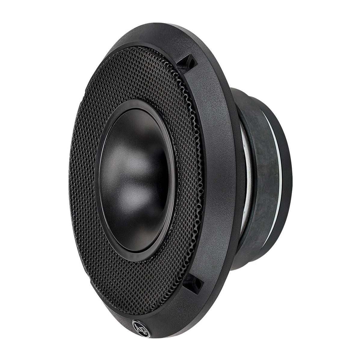 Black compression horn midrange speaker angled with dual mounting rings