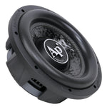 10-inch shallow mount subwoofer angled view with Ap logo center cap