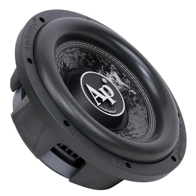 10-inch shallow mount subwoofer angled view with Ap logo center cap