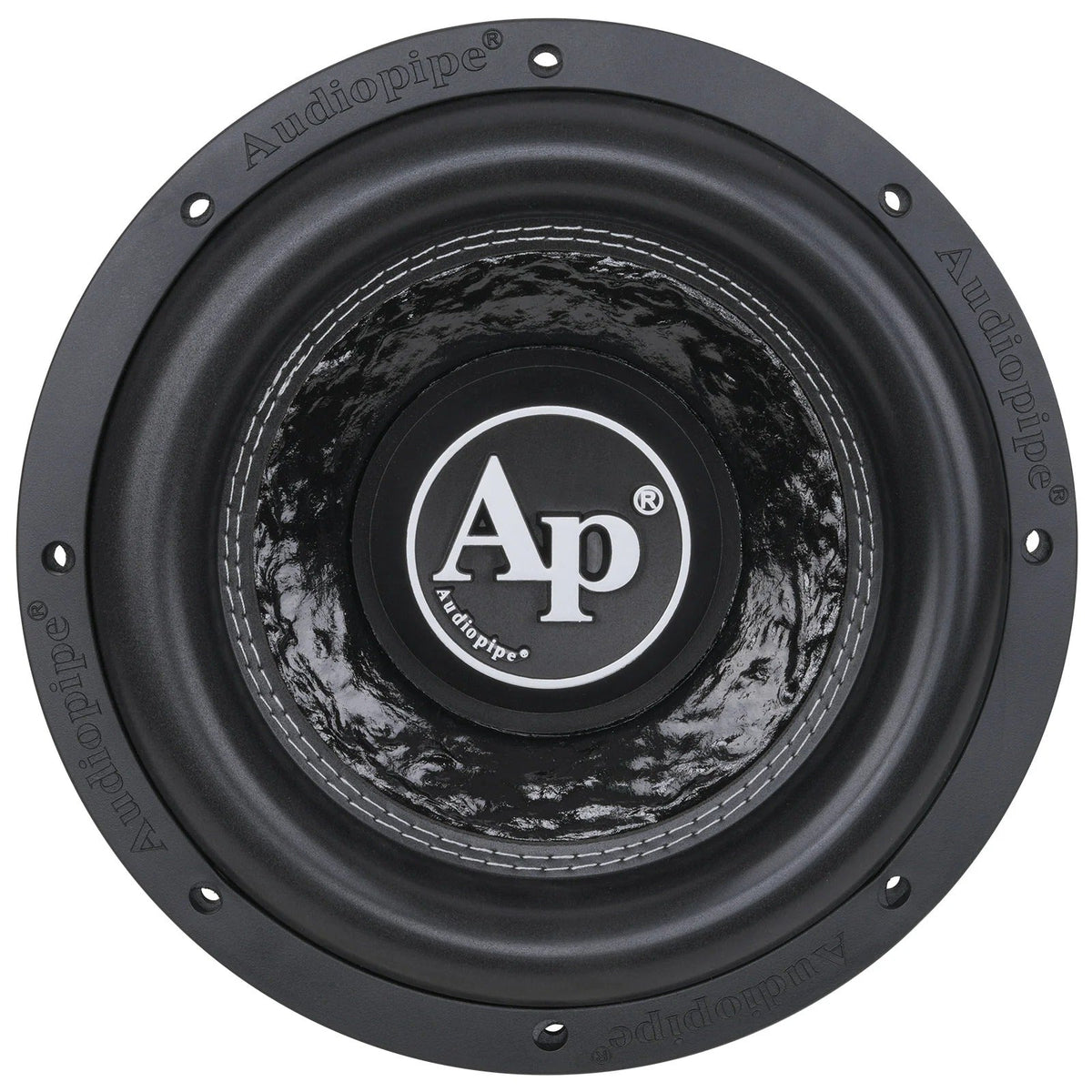 10-inch subwoofer with glossy black cone, Ap logo, and gray stitched surround