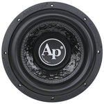 10-inch subwoofer with glossy black cone, Ap logo, and gray stitched surround