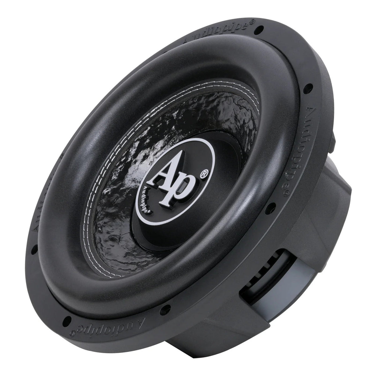 10-inch shallow mount car subwoofer with Ap logo on glossy black cone