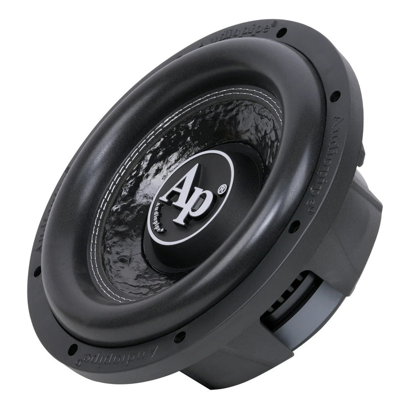 10-inch shallow mount car subwoofer with Ap logo on glossy black cone
