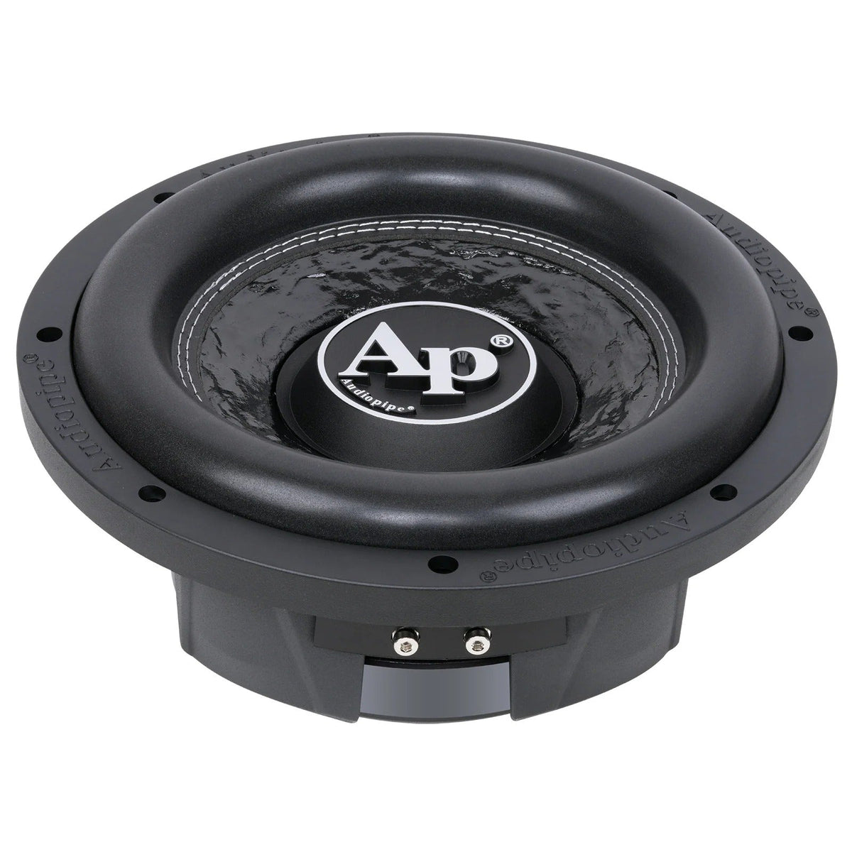 10-inch shallow mount subwoofer with black cone and dual terminal plates