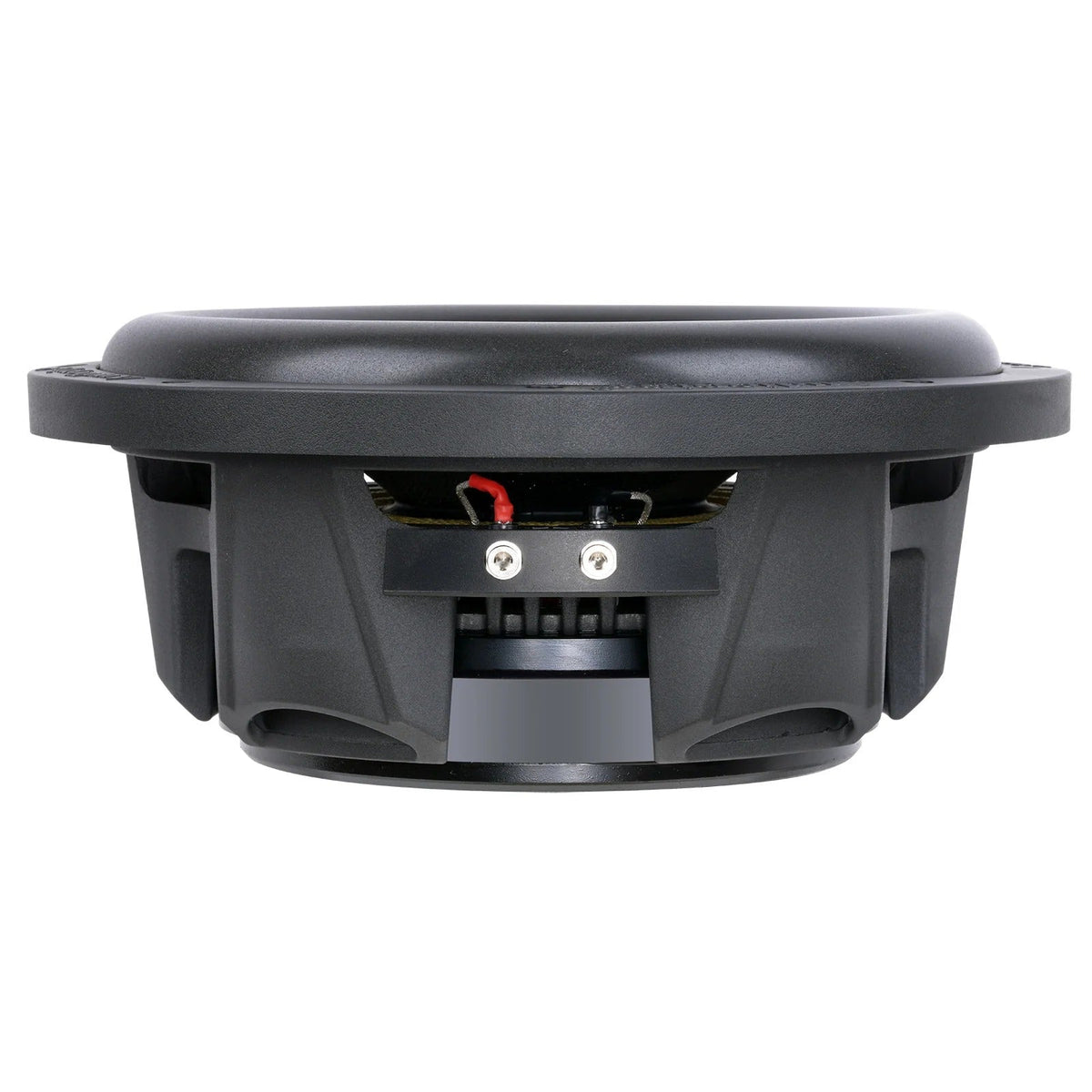 10-inch subwoofer from side view showing black enclosure and connection terminals