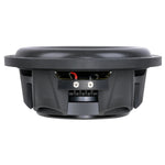 10-inch subwoofer from side view showing black enclosure and connection terminals