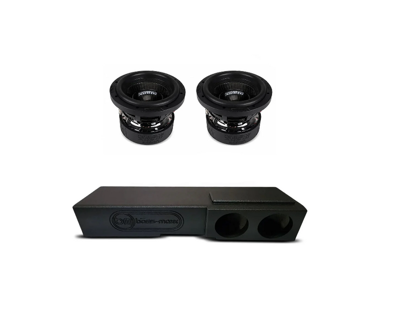 Black dual 8-inch subwoofer enclosure with two round port openings
