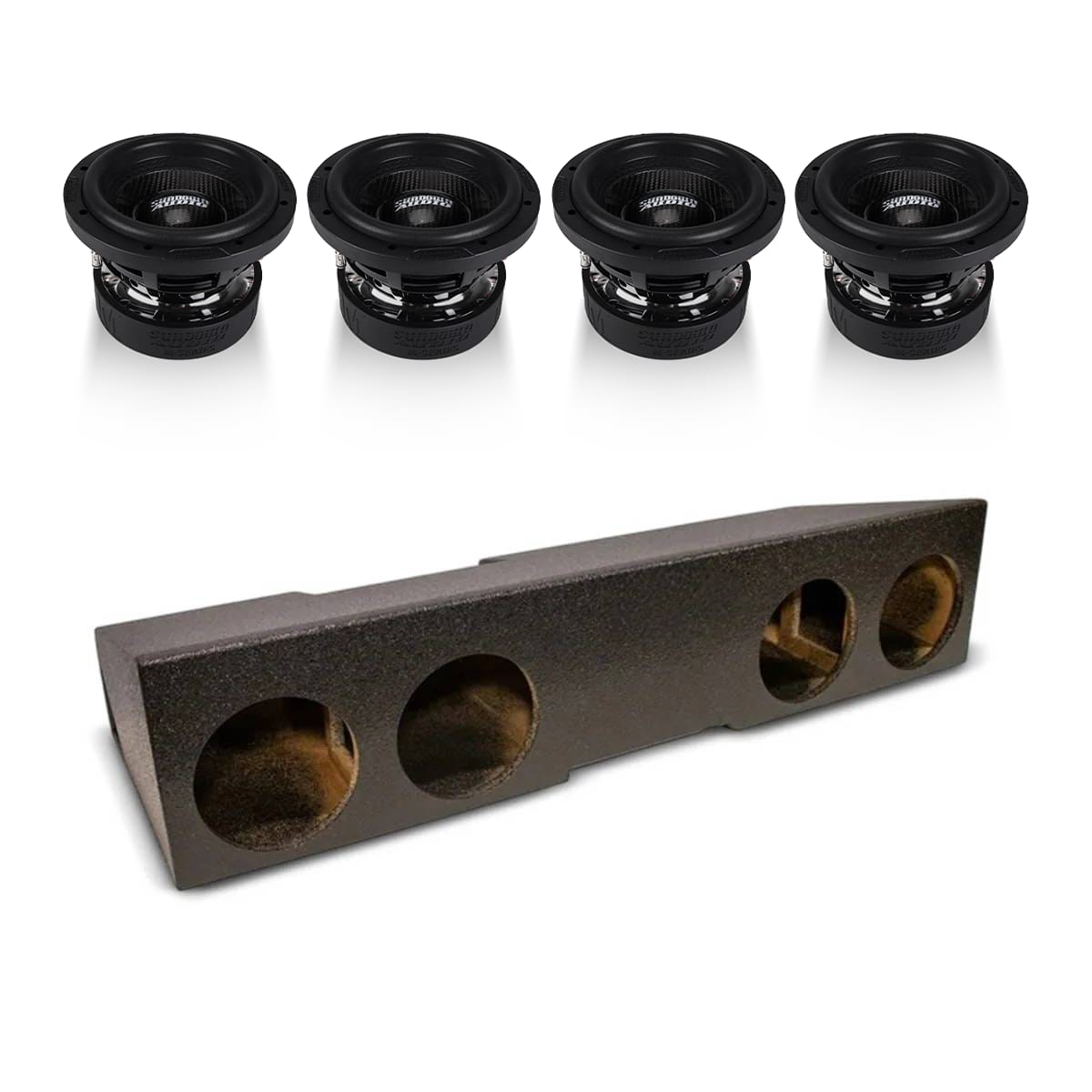 Car subwoofer enclosure with four circular cutouts and dual side ports