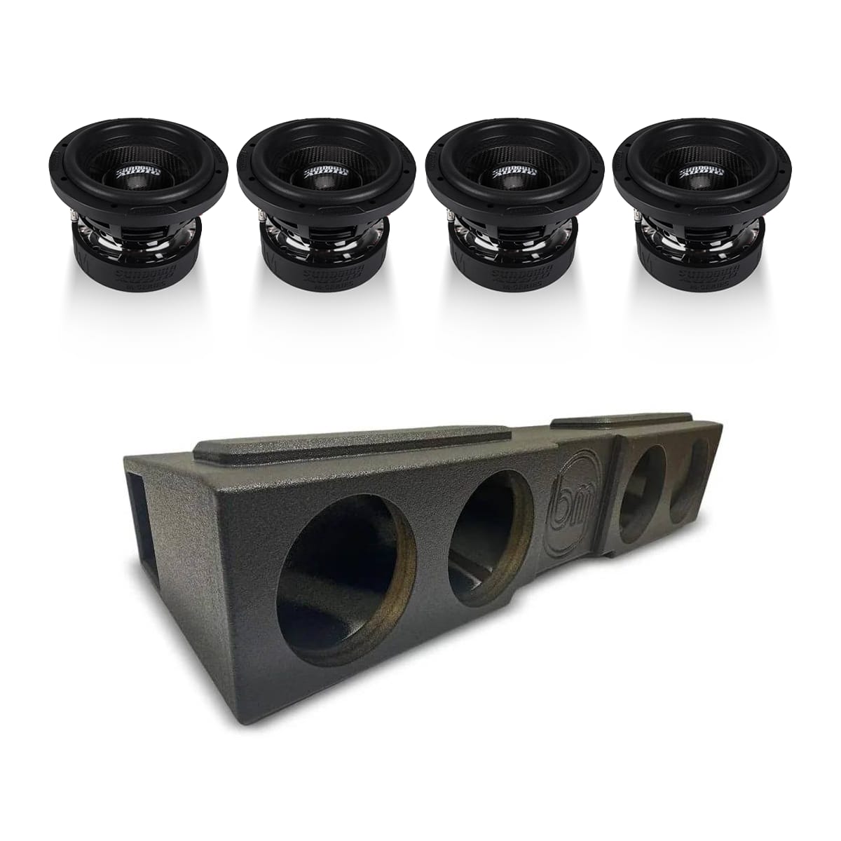 Quad 8-inch subwoofer enclosure with four black speaker drivers
