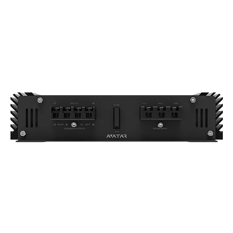 2-channel car amplifier rear panel with connection ports and ventilation fins on black chassis