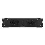 2-channel car amplifier rear panel with connection ports and ventilation fins on black chassis