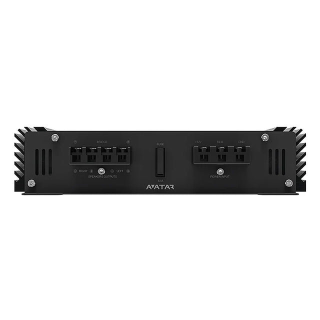 2-channel car amplifier rear panel with connection ports and ventilation fins on black chassis