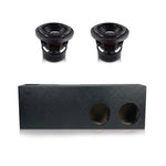 Dual 8-inch subwoofer box with two mounted drivers and two round openings