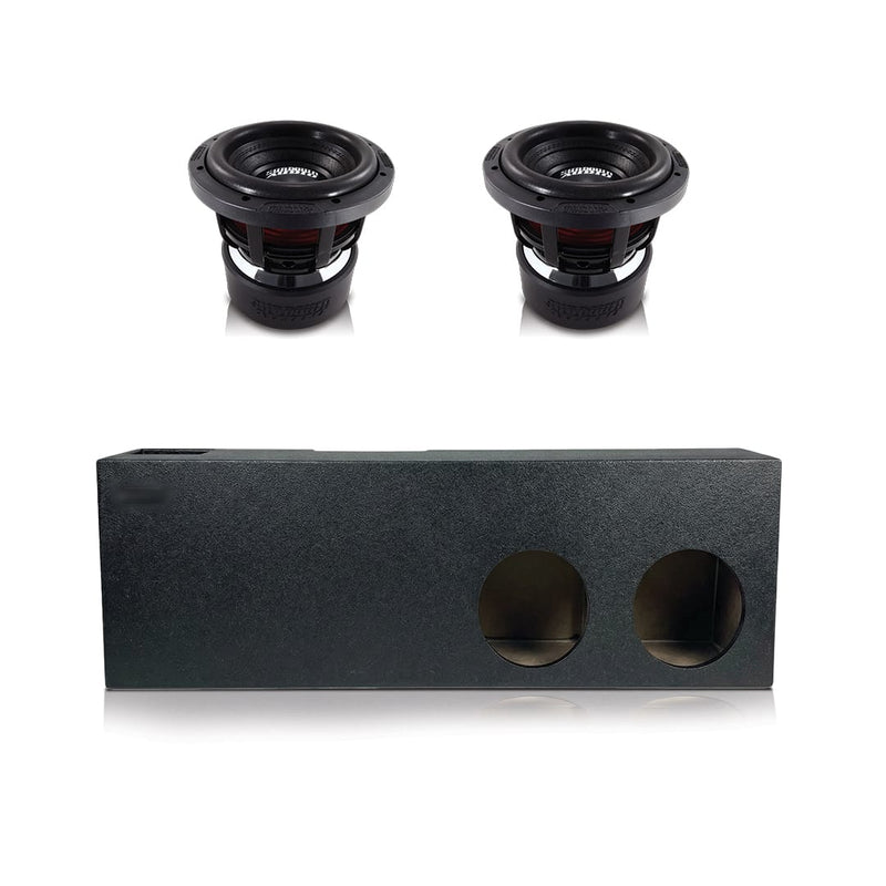 Dual 8-inch subwoofer box with two mounted drivers and two round openings